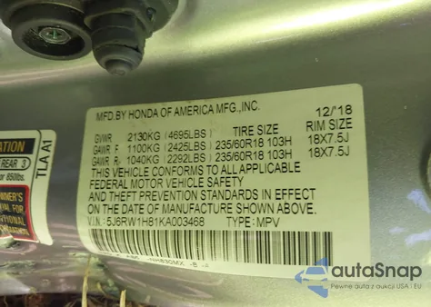 2019 Honda Cr-V Ex-L z USA, uszkodzony, nr VIN 5J6RW1H81KA003468